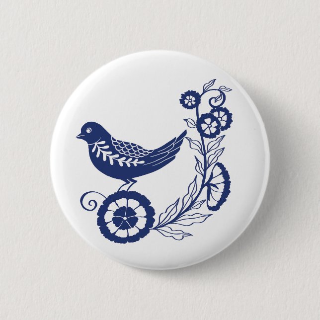 Classic Dutch Blue Delft Tile Bird Design 2 Inch Round Button (Front)