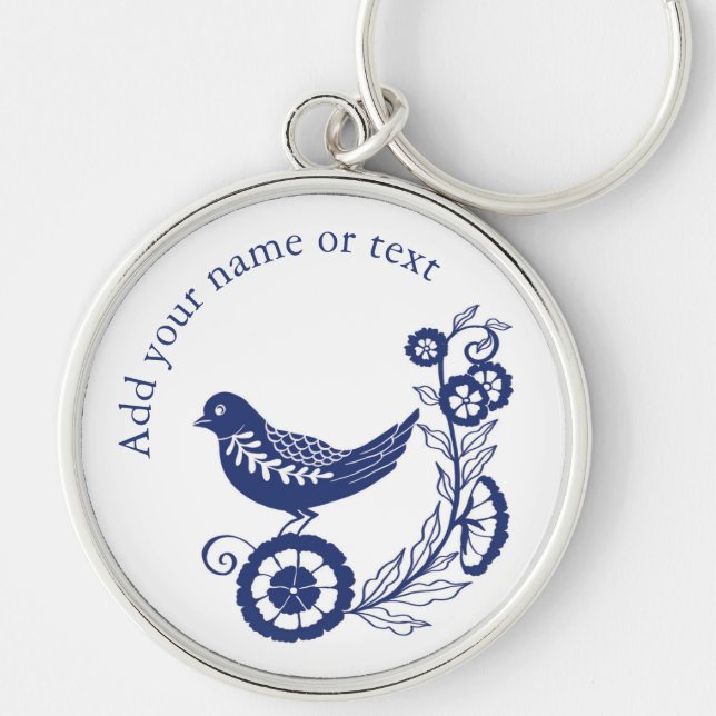 Classic Dutch Blue Delft Tile Bird Design Keychain (Front)