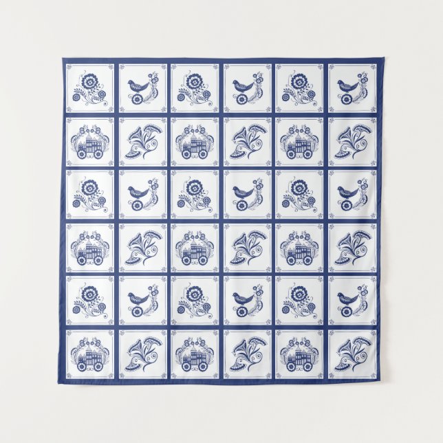 Classic Dutch Blue Delft Tile Floral & Bird Tapestry (Front)