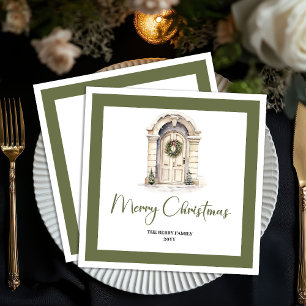 Classic Earth Tone Christmas Door Custom Name Napkin