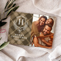 Classic Earthy Plaid Monogram Photo Christmas