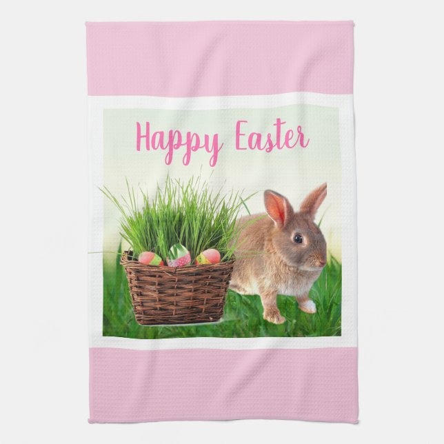 Classic Easter Bunny and Holiday Basket / Pink Kitchen Towel (Vertical)
