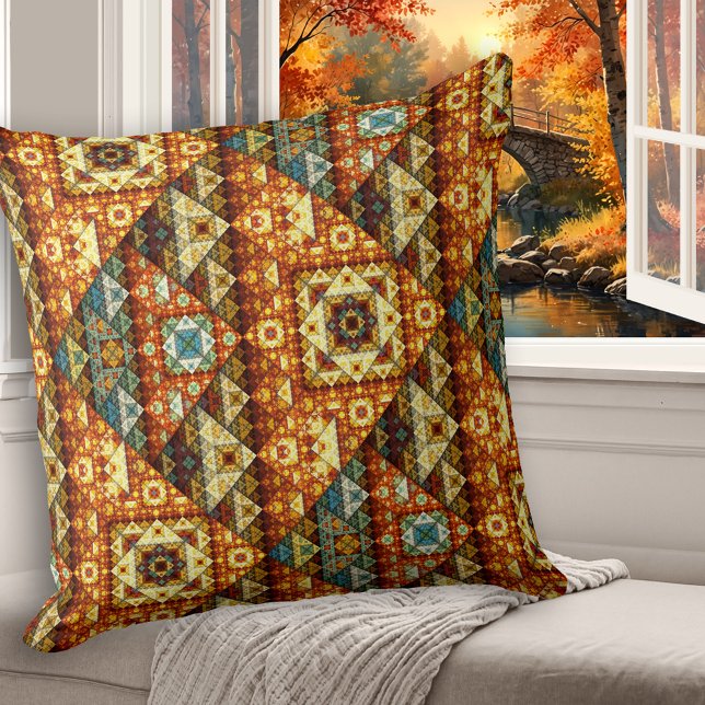 Classic Egyptian Abstract Pattern Pillow (Pillow featuring an Egyptian style abstract fractal pattern in a bohemian artistic style)