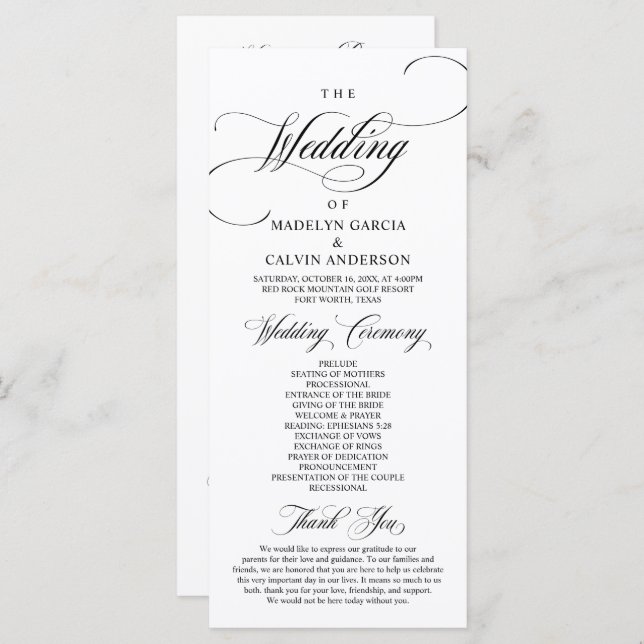 Classic Elegance Black Script, Wedding Ceremony  P Program (Front/Back)