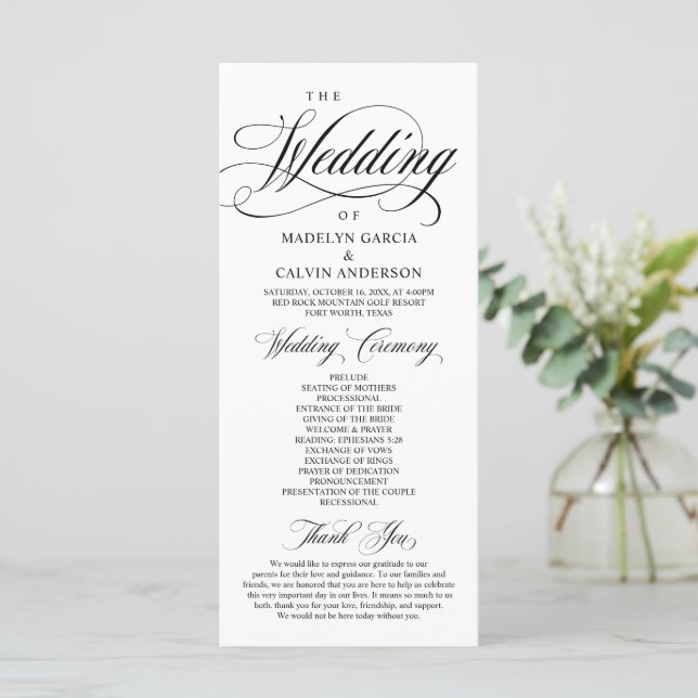 Classic Elegance Black Script, Wedding Ceremony Pr Program (Standing Front)