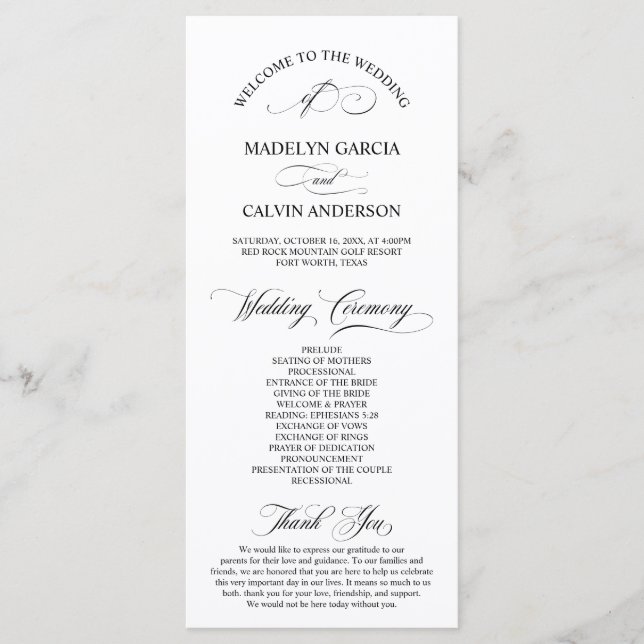 Classic Elegance Black Script, Wedding Ceremony Program (Front)