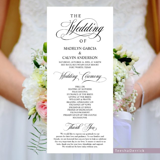 Classic Elegance Black Script, Wedding Ceremony Program (Wedding Ceremony Program Card, in Modern Classy Design Themed. Available in different colours.)