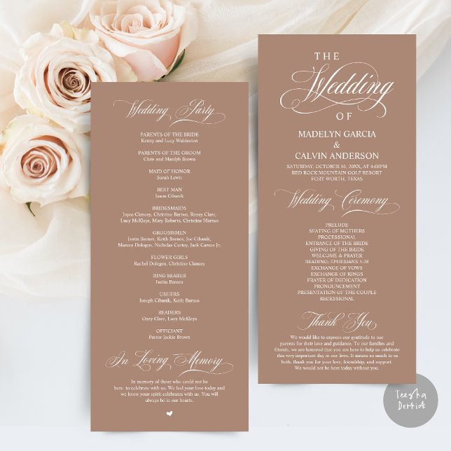 Classic Elegance Black Script, Wedding Ceremony Program (Wedding Program Card, in Modern Classy Script, in Neutral Taupe Brown)