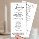 Classic Elegance Gold Script, Wedding Ceremony Program<br><div class="desc">Elegant classic black and white theme,  Wedding Ceremony Program in 4x9 inches (long) card. It is designed with scroll accent that can be personalised with custom/ personalised text for your bridal party,  ceremony details,  memorial notes and thank you message.</div>