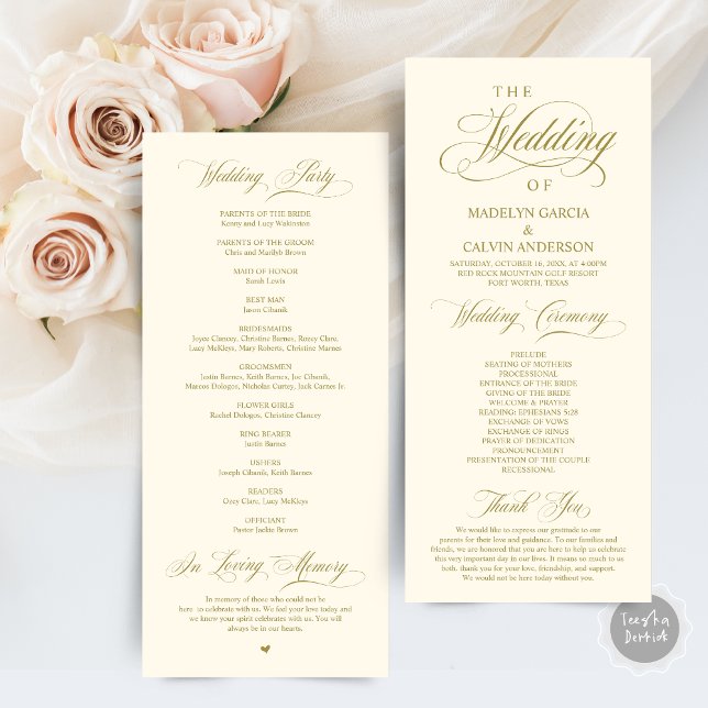Classic Elegance Gold Script Wedding Ceremony Program (Wedding Ceremony Program Card, in Classic Elegance Classy Delicate Gold themed )