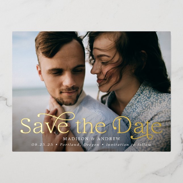 Classic Elegance Horizontal Photo Save the Date Foil Invitation Postcard (Front)