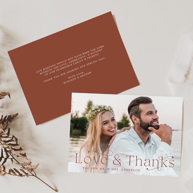 Classic Elegance Love and Thanks Brown Clay Photo Thank You Card (Creator Uploaded)