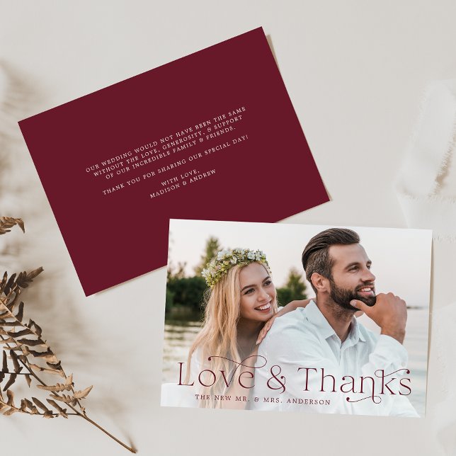 Classic Elegance Love and Thanks Burgundy Photo Thank You Card (Creator Uploaded)