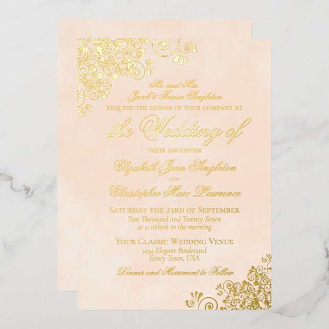 Classic Elegance Marbled Peach Formal Wedding Gold (Front/Back)