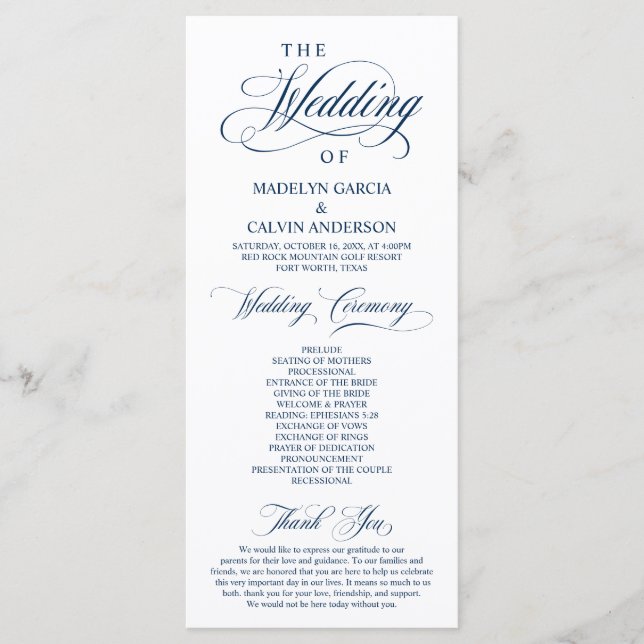 Classic Elegance Navy Blue Script Wedding Ceremony Program (Front)