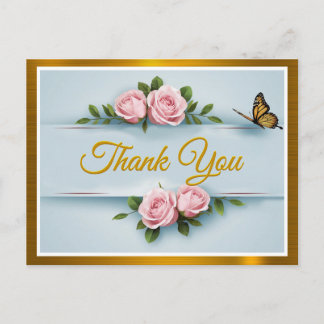 Classic Elegance Pink Roses, butterfly Thank You Postcard