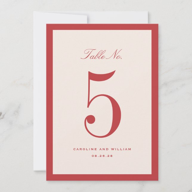 Classic Elegance Red Wedding Table Number Card (Front)