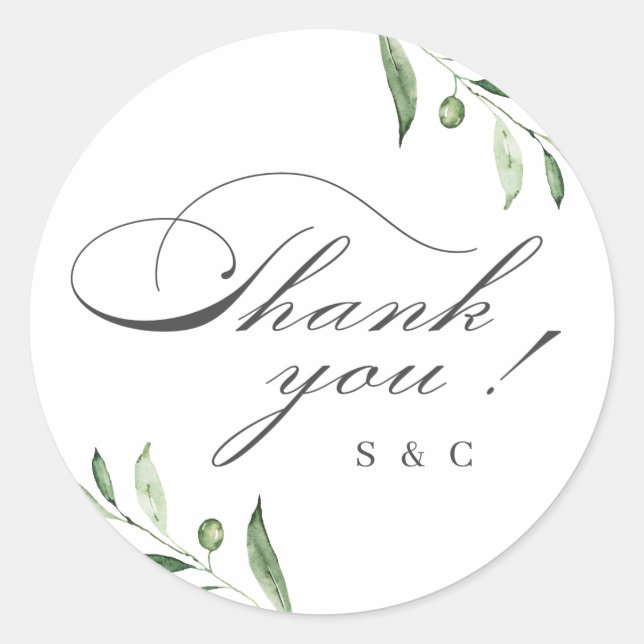 Classic Elegance Script Greenery Thank You Classic Round Sticker (Front)
