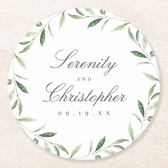 Classic Elegance Script Greenery Wedding Round Paper Coaster (Front)