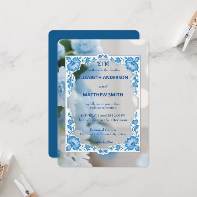 Classic Elegance Script monogram flower wedding Invitation (Front/Back In Situ)