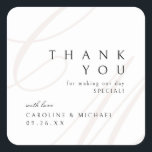 Classic Elegance Script monogram wedding favours Square Sticker<br><div class="desc">Modern classic minimalist thank you wedding favour stickers feature elegant calligraphy couple monogram and timeless serif font event details in colour editable beige,  black and white,  simple and sophisticated,  Great for formal vintage wedding,  romantic traditional wedding,  modern classic wedding in all seasons. 
See all the matching pieces in collection.</div>