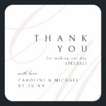 Classic Elegance Script monogram wedding favours Square Sticker<br><div class="desc">Modern classic minimalist thank you wedding favour stickers feature elegant calligraphy couple monogram and timeless serif font event details in colour editable beige,  black and white,  simple and sophisticated,  Great for formal vintage wedding,  romantic traditional wedding,  modern classic wedding in all seasons. 
See all the matching pieces in collection.</div>