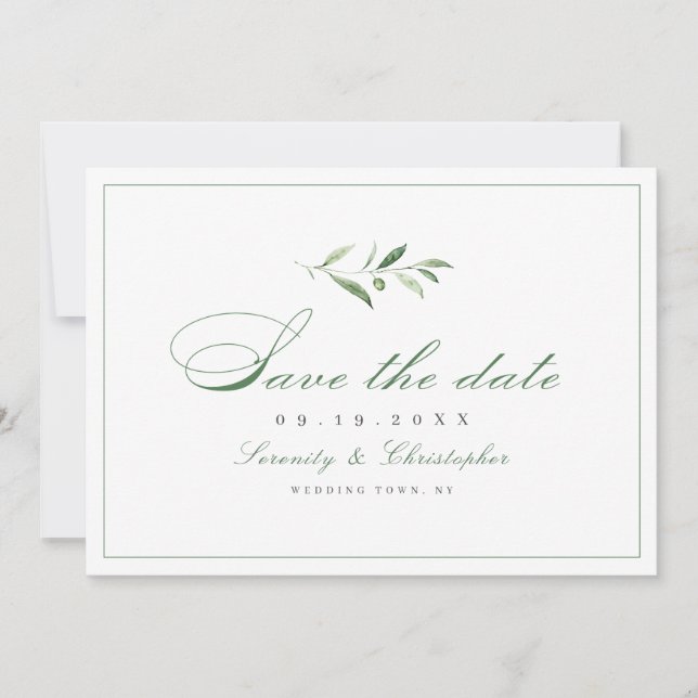 Classic Elegance Script Simple Greenery Save The Date (Front)