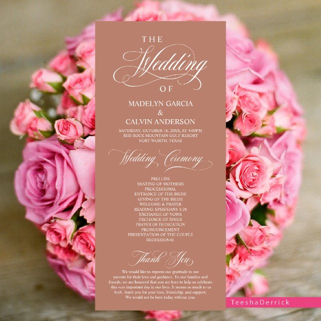 Classic Elegance Script, Wedding Ceremony Program (Elegant Classy Modern Wedding Program Card, in Terracotta Earthy Brown)