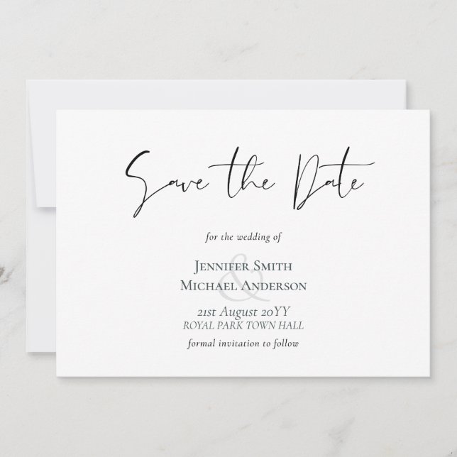 Classic Elegance White Script Save the Date Budget (Front)