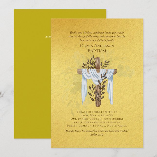 Classic Elegant BAPTISM Invitation Gold (Devant / Derrière)