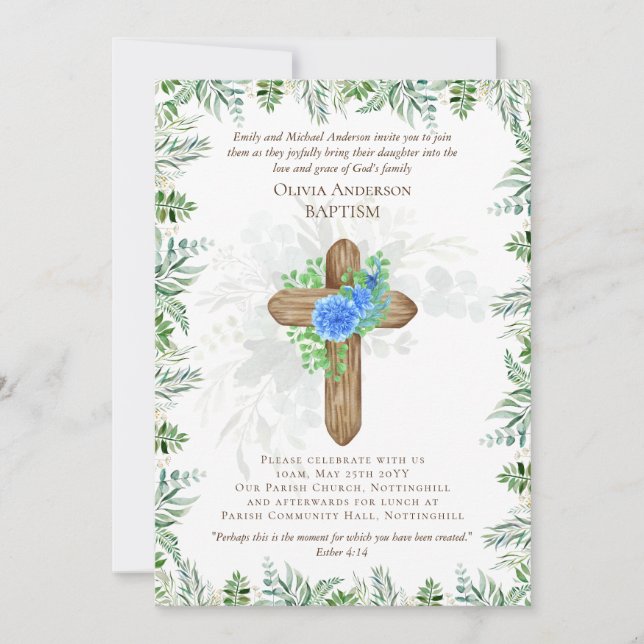 Classic Elegant BAPTISM Invite Blue Chrysanthamum (Front)