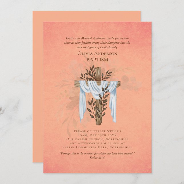 Classic Elegant BAPTISM Invite Coral (Front/Back)