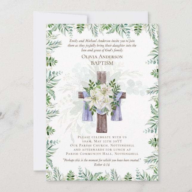 Classic Elegant BAPTISM Invite Greenery Lilys (Front)