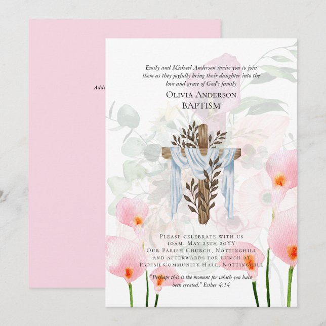 Classic Elegant BAPTISM Invite Pink Calla Lilys (Front/Back)
