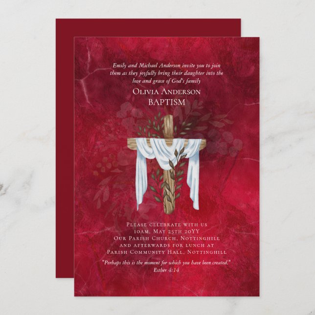 Classic Elegant BAPTISM Invite Ruby Red (Front/Back)
