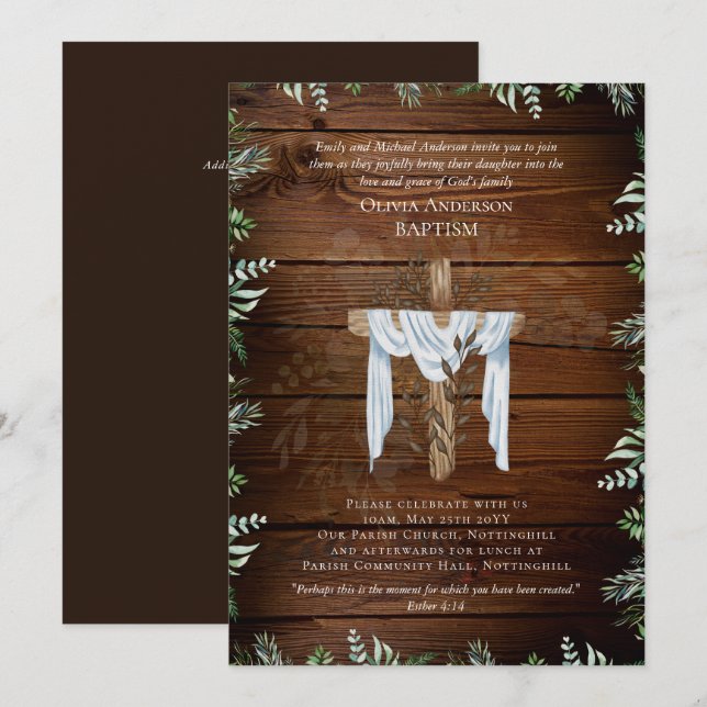 Classic Elegant BAPTISM Invite Rustic Wood (Front/Back)