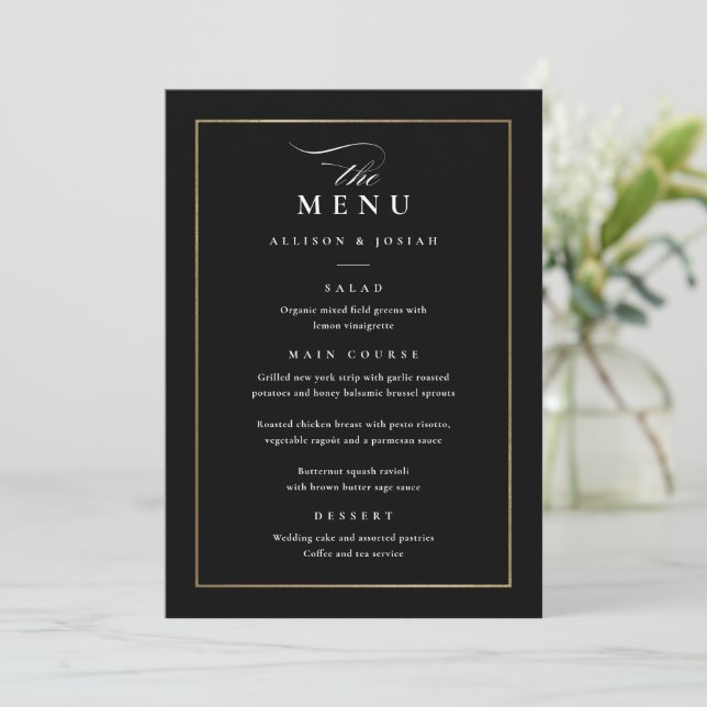Classic Elegant Black and White Wedding Menu (Standing Front)