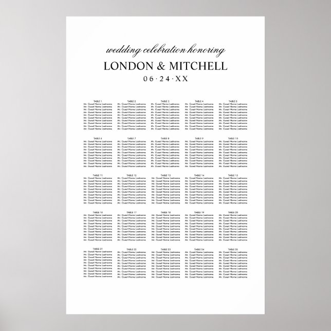 Classic Elegant Black and White Wedding Seating Poster (Front)