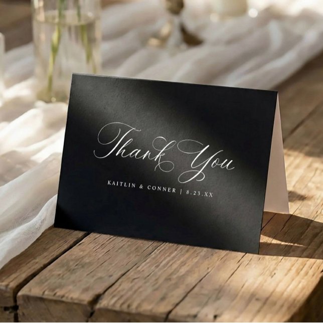 Classic Elegant Black and White Wedding Thank You Card (Black wedding thank you cards with white text and elegant calligraphy script)