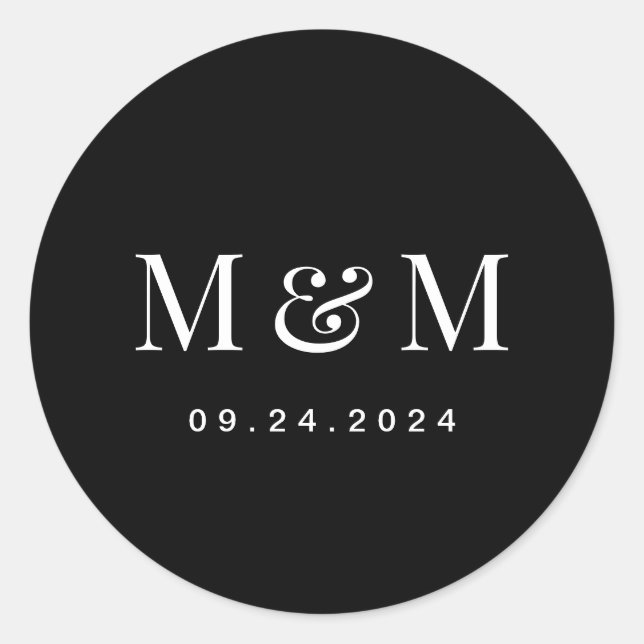 Classic Elegant Black Monogram Typography Wedding Round Sticker (Front)