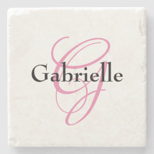 Classic Elegant Black Pink Monogram Name Stone Coaster