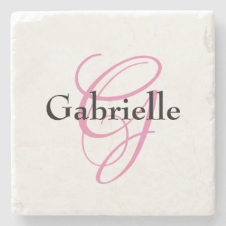 Classic Elegant Black Pink Monogram Name Stone Coaster