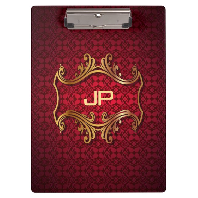 Classic Elegant Black Red Damask Monogram Template Clipboard (Front)