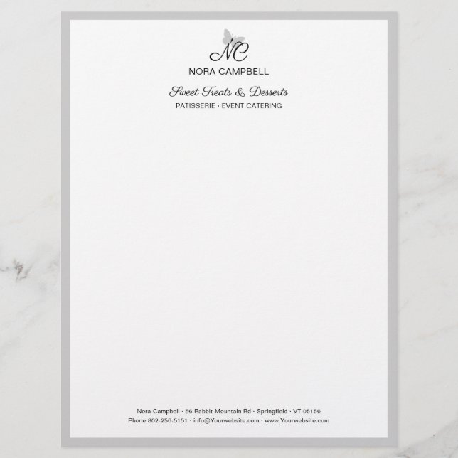Classic Elegant Black Script Monogram Grey Frame Letterhead (Front)