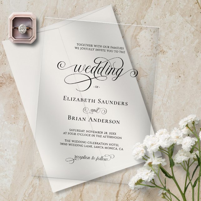 Classic Elegant Black Script Wedding Acrylic Invitations (Classic elegant black and white script clear acrylic wedding invitation with script calligraphy.)