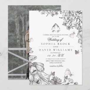 Classic Elegant Black White Floral Wedding  Invitation