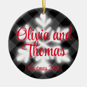 Classic elegant Black white plaid snow flake Ceramic Ornament