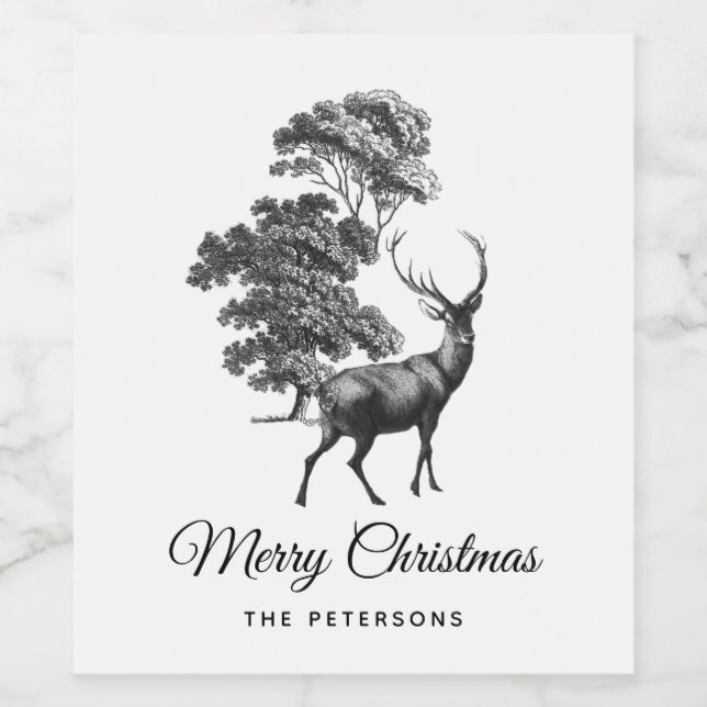 Classic Elegant Black White Toile Deer in Forest Wine Label (Single Label)