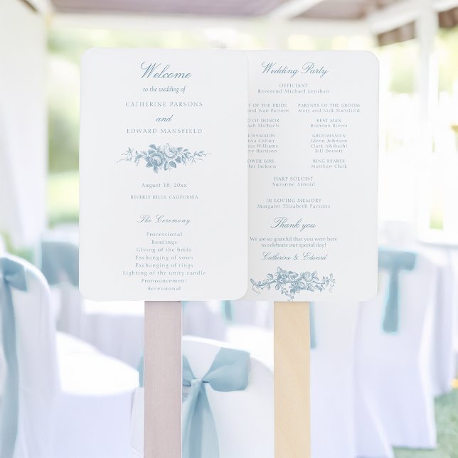 Classic Elegant Blue and White Floral Program Hand Fan (Creator Uploaded)