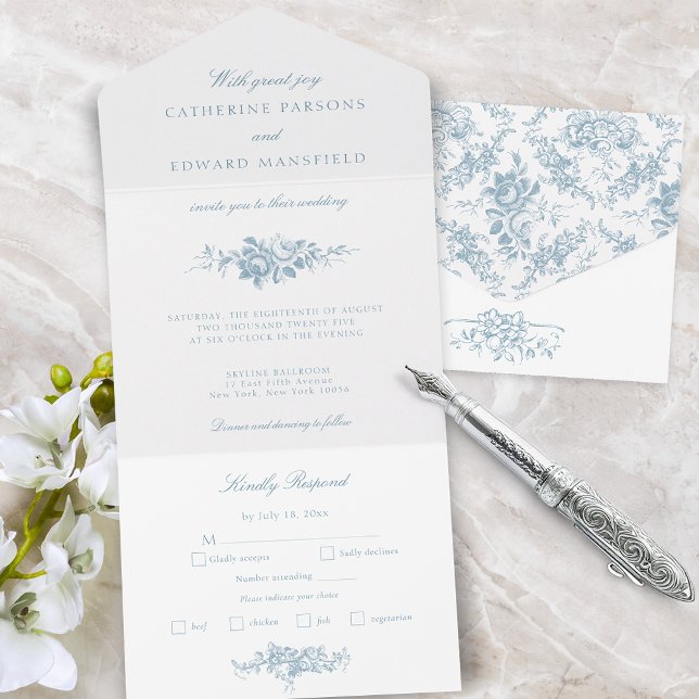 Classic Elegant Blue and White Floral Toile All In One Invitation (Creator Uploaded)
